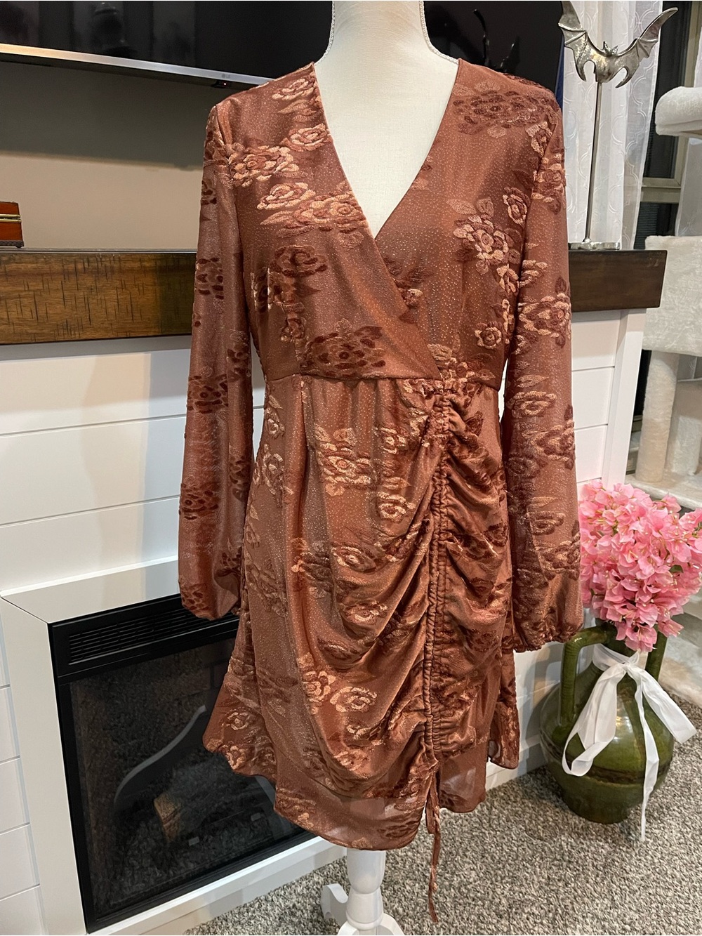 Nasty Gal Rust Floral Ruched Wrap Long Sleeve Dress